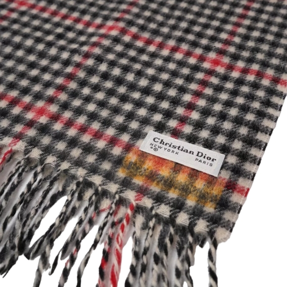 Christian Dior Winter Scarf Gray Check Fringe Wool Vintage Fashion Designer Wool - Picture 5 of 6